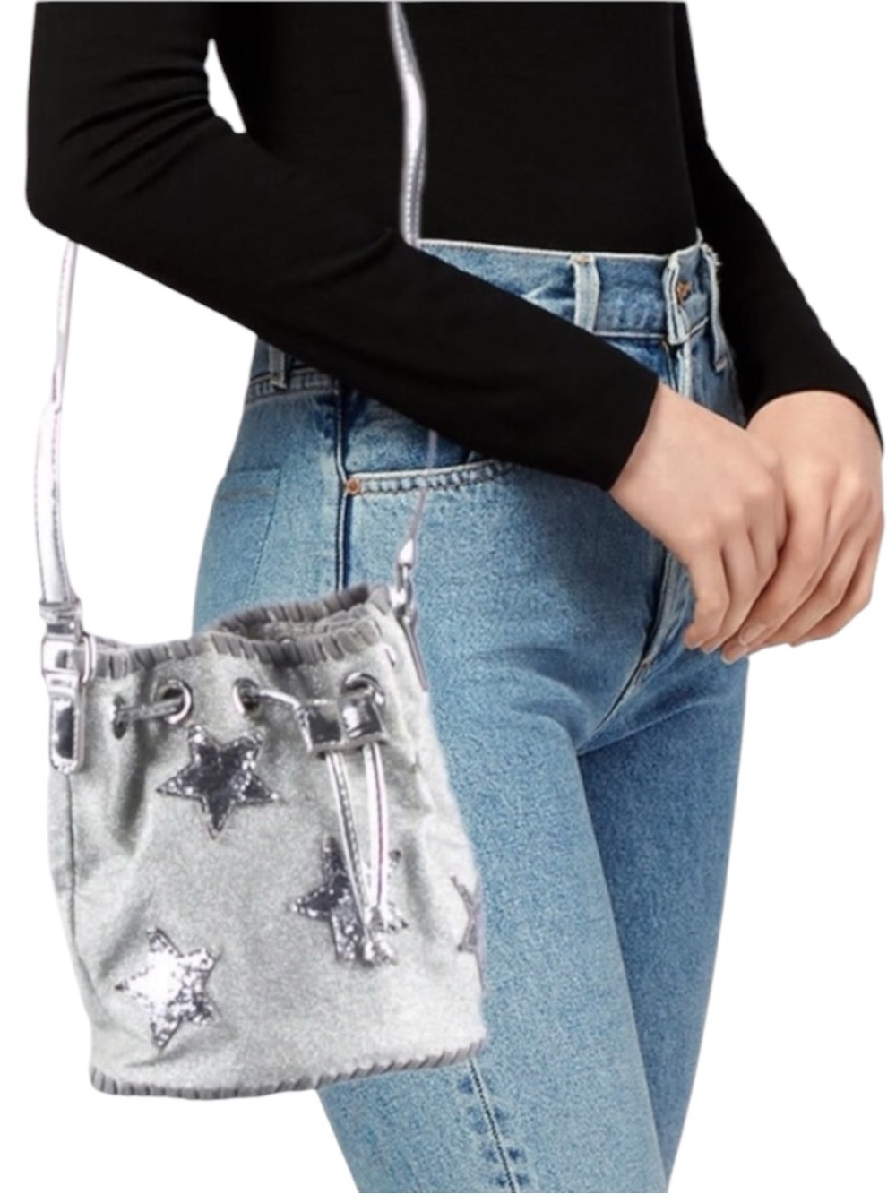 NWOT Stella McCartney Silver Glitter Star Bucket Crossbody Bag